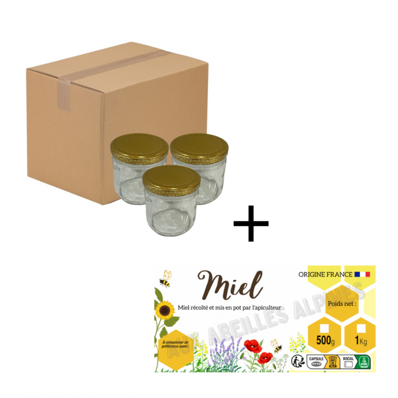 Pots verre 500gr (390ml) avec capsules et étiquettes miel - Pack de 30