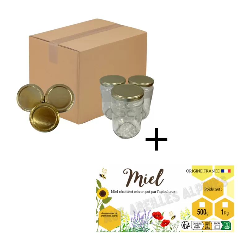 Pot 1kg (750ml) + capsules + étiquettes miel - Pack de 15