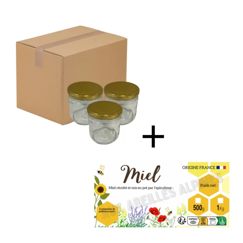 Pot 500g (370 ml) T063 + capsules or + étiquettes miel - Pack de 24