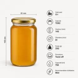 Pot en verre 1kg pour miel : 750ml, pack 12 T082