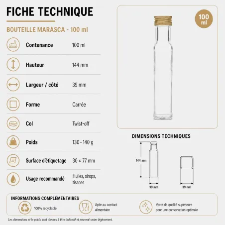 Fiche technique Bouteille Marasca 100 ml PP blanche 31,5 x 24