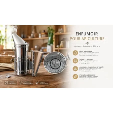 fiche de presentation de l'Enfumoir apicole inox taille L et l'intérieur