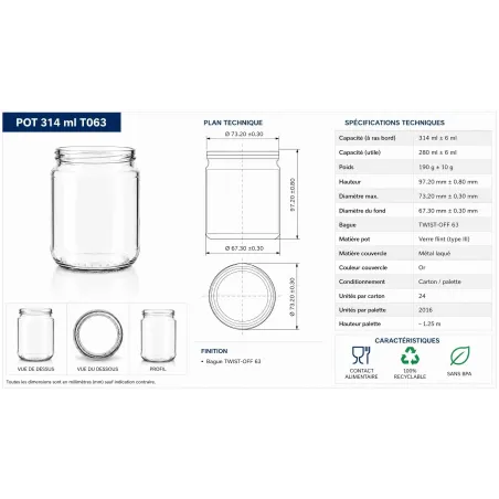 Fiche technique pot en verre 314ml T063