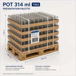 Palette de pots en verre transparent 314 ml T063, présentés sans couvercles et conditionnés pour le stockage et le transport.