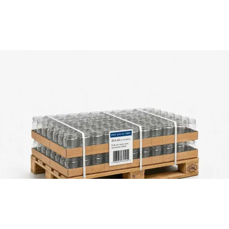 Demi-palette de pots en verre transparent 314 ml T063, sans couvercles, destinée au conditionnement et à la vente en quantité.