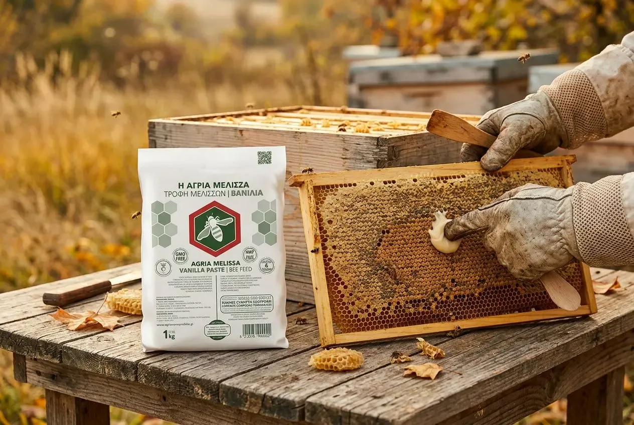 Alternatives au sirop pour abeilles: cadre avec cadre et brosse, abeille en va et vient explorant une ruche, paquet d’ale de nourrissement "vanilla paste bee feed" prêt à être utilisé