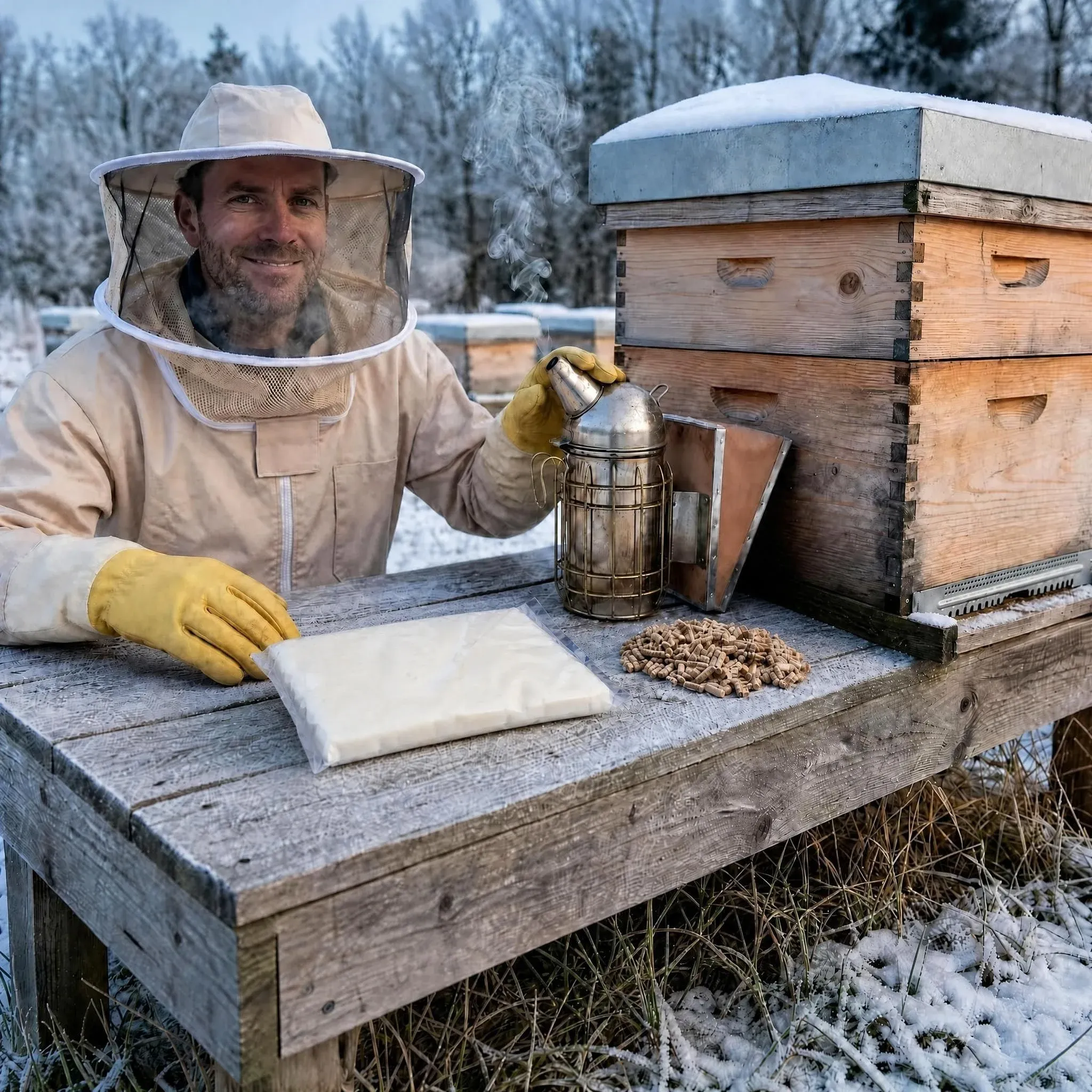 Apiculteur en combinaison de protection près d'une ruche hivernale, matériel et cadres posés sur une table en bois dans un paysage hivernal. Faut-il hiverner ses ruches avec une hausse de miel.