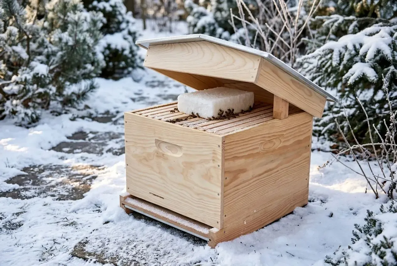 Boîte à abeilles en bois dans la neige avec couvercle entrouvert, isolant le cadre intérieur et un morceau de nourriture prêt à être utilisé. Alternative au sirop pour abeilles.