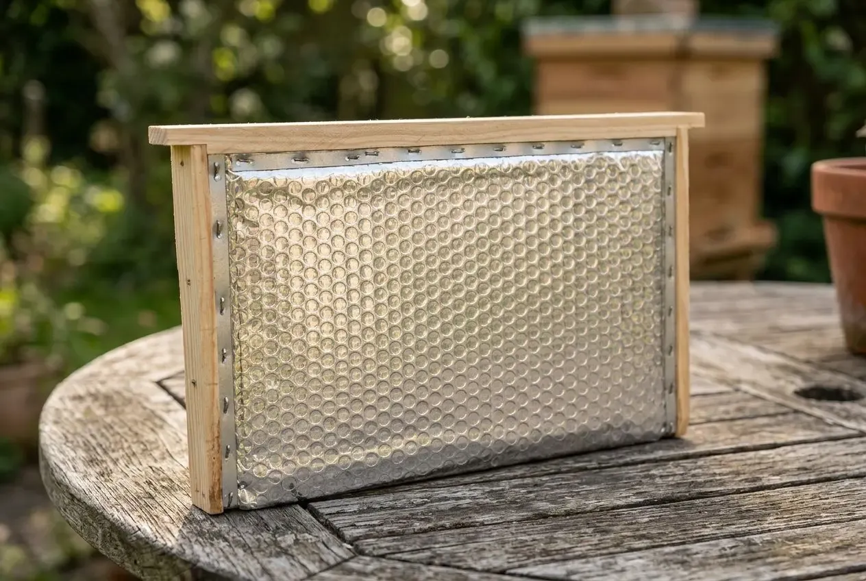 Boîte à ruche miniature avec calfeutrage en fibre métallique, cadre en bois, posée sur une table en bois, prête pour l’hibernage et la protection ruches contre le froid.