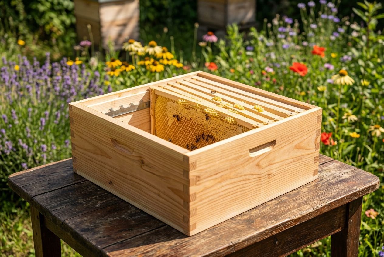 Cadre de hausse en bois posé sur une table, avec cadre à rayons et cellule de miel visible, dans un jardin fleuri.
