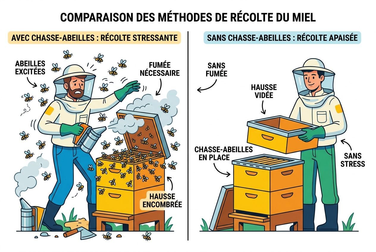 Comparaison des méthodes de récolte du miel montrant le principe d'un chasse abeille: mise en place d'un chasse-abeilles, hausse vidée sans stress, abeilles calmes et ruche prête pour récolte.