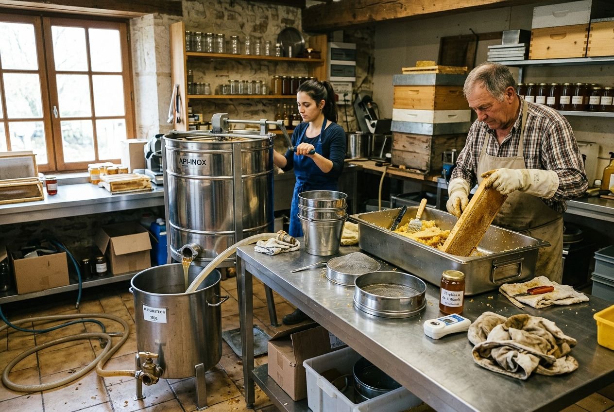 Deux apiculteurs en miellerie : extraction du miel avec cuve inox et cadres, bac à désoperculer, étagères d’outils et matériel nécessaire pour la récolte du miel sur table de travail.