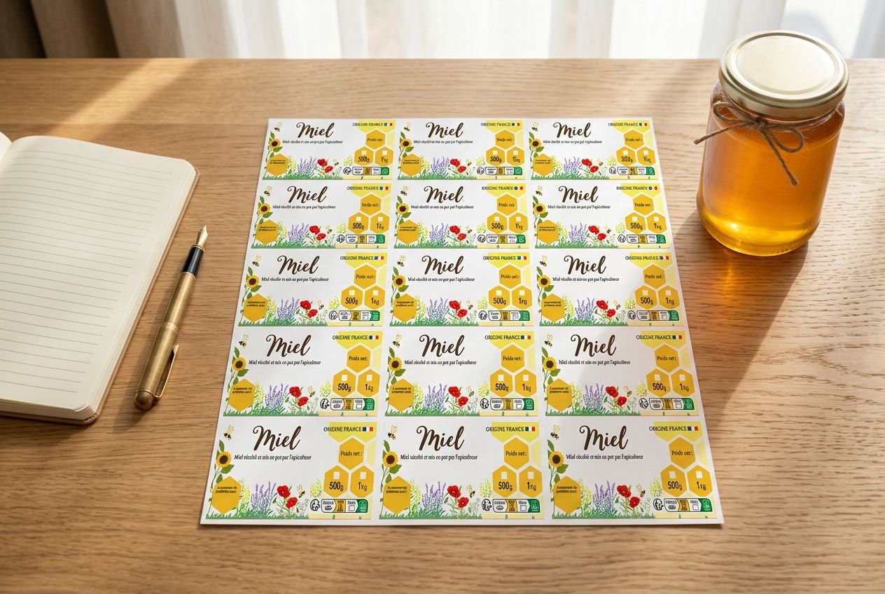 Etiquetage de pots de miel en France: étiquettes pré-imprimées affichant le mot « Miel » et informations, près d’un pot, carnet et stylo. Bien étiqueter son miel en France que faire