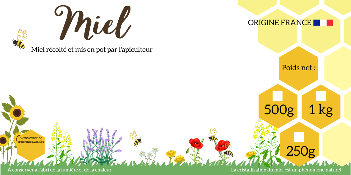 Etiquette miel personnalisable et conforme aux mentions obligatoires étiquette miel, pots 250 g à 1 kg