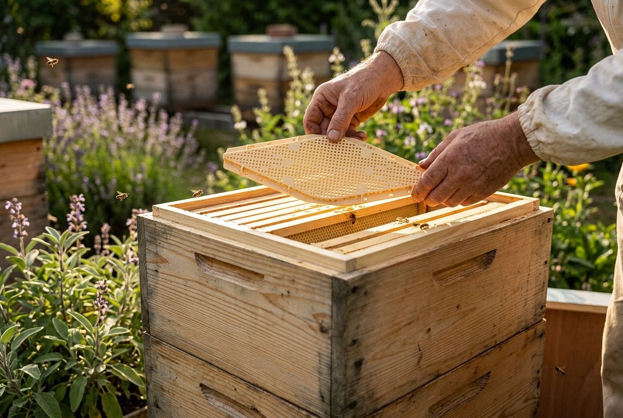 Pose chasse abeille losange posé sur le cadre de hausse, abeilles autour, dans un métier d’apiculture.