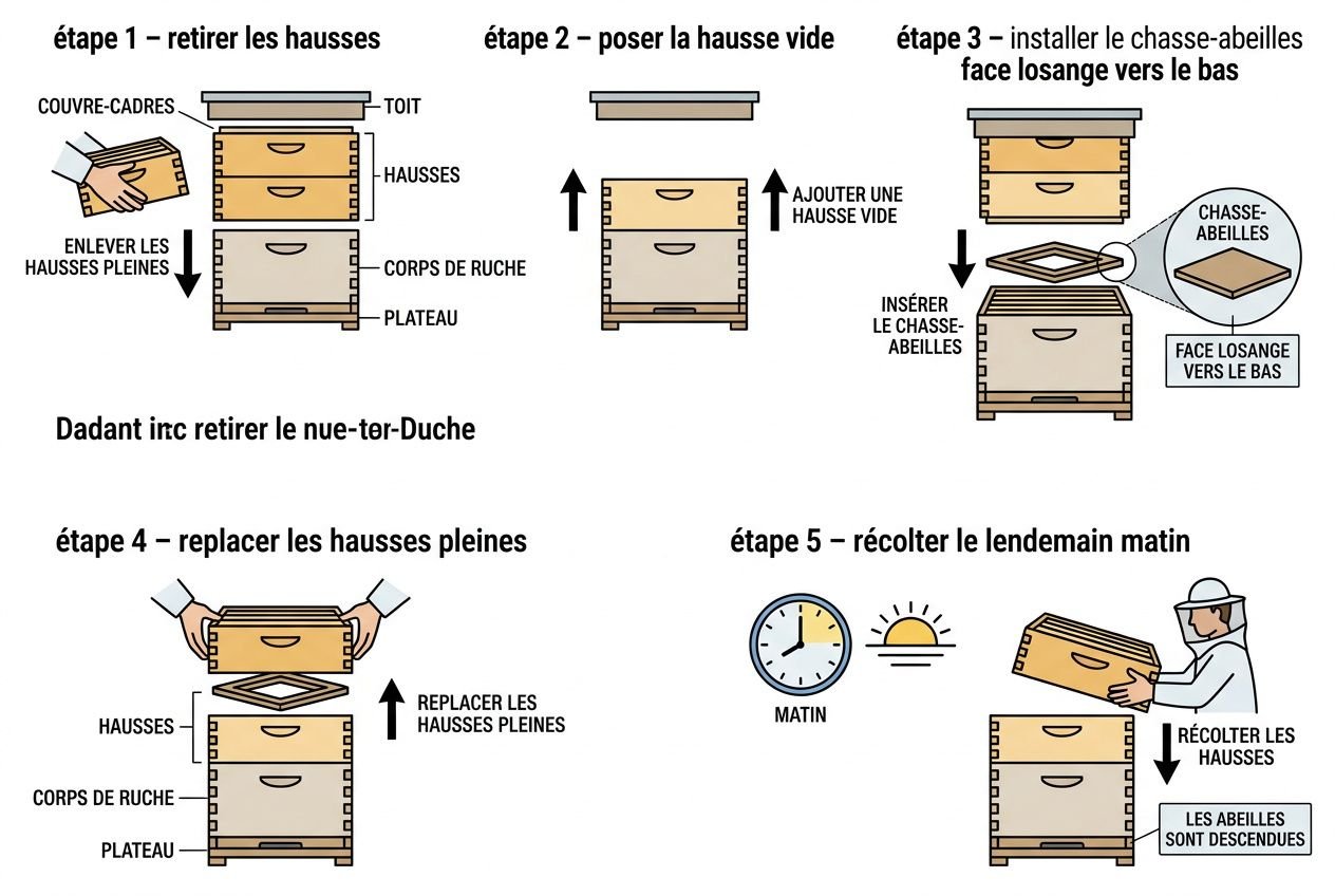 Procédé étape par étape d’utilisation chasse abeilles pour vider la hausse, avec poser, insérer et remplacer les hausses.