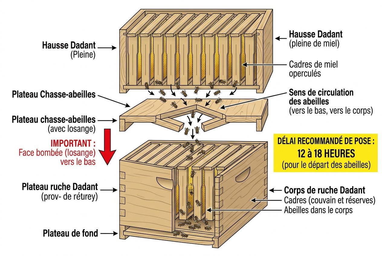 Schéma explicatif du principe d'un chasse-abeilles et de son fonctionnement pour vider la hausse avant récolte, montrant le plateau et le cadre à manipuler.